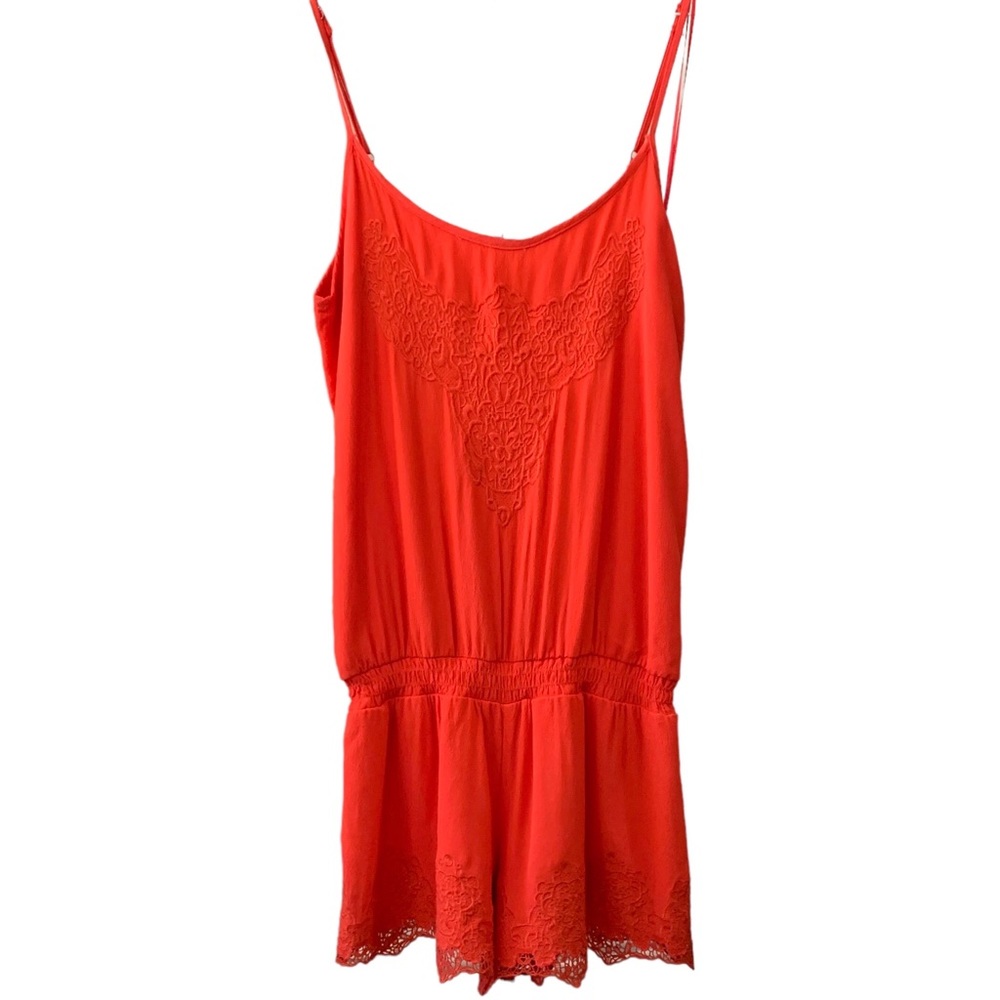 GIANNI BINI CORAL SPAGHETTI STRAP EMBROIDERED ROMPER